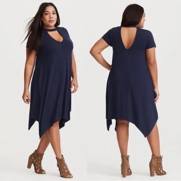 Torrid Trapeze Jersey Navy Dress Mirrored Keyhole CutOuts Short Sleeve Large/12 - Picture 1 of 7